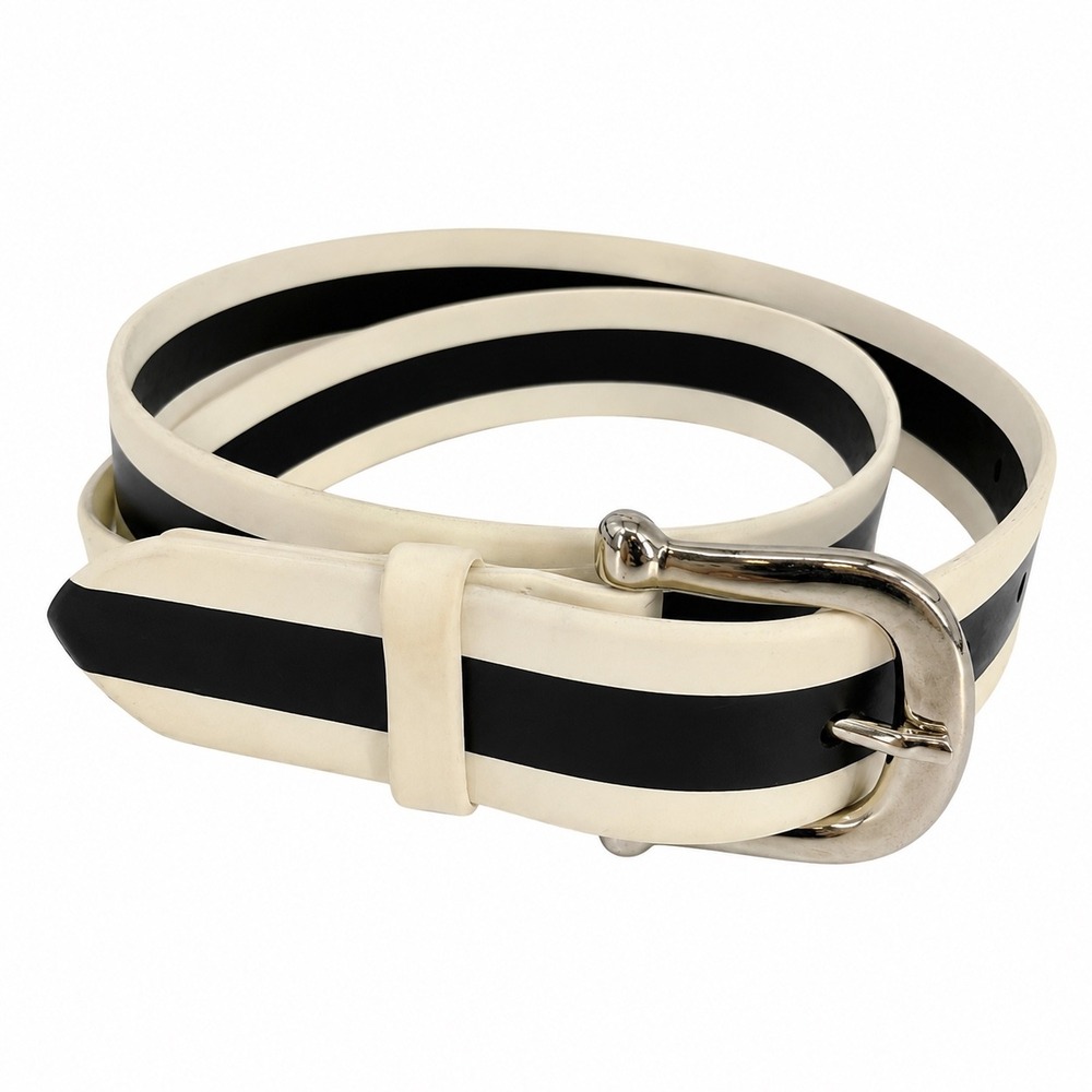 Vintage 80s 90s Black & White PVC Belt Silver‎ Tone Buckle Size 34–38 Retro Mod
